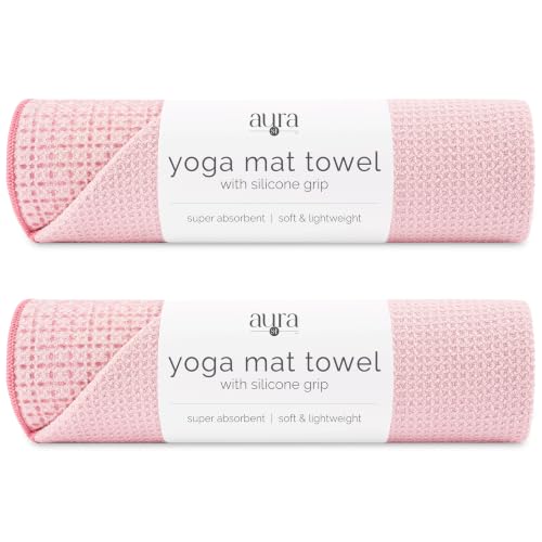 S&T INC. Aura Yoga Mat Towel with Non-Slip Grip, Enhanced Silicone Grip, Soft and Absorbent for Gym, Pilates, and Hot Yoga Mat, 2 Pack, 24 inches x 72 inches, 340GSM, Pink