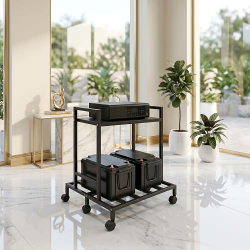 Image of Double Battery Metal Inverter 2-Tier Stand with Wheels - Heavy Duty White Metal UPS Trolley for Inverter & Battery Storage, Durable & Space-Saving Design (Black)