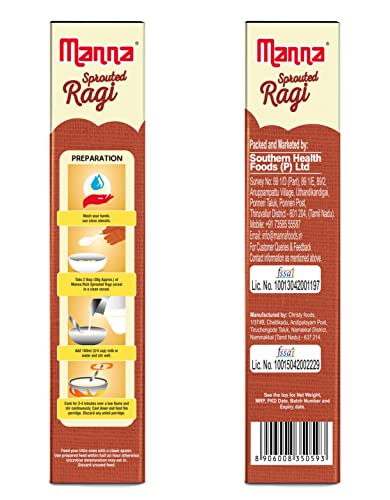 Image of Manna Sprouted Ragi Powder, Porridge Mix, No Added Sugar, Colour, Flavour, Salt 400g (200g (Pack of 2))