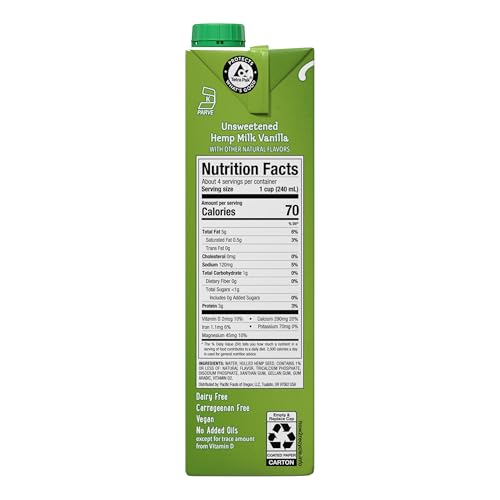 Image of Pacific Foods Unsweetened Vanilla Hemp Milk, Plant Based Milk, 32 oz Carton (Pack of 6)