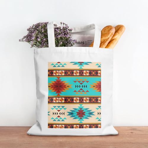 Aztec Beige Blue Eco Canvas Tote Bag With Iron-On Art - Reusable Poly-Cotton Carryall, Ideal For Gifts, Advertising, Groceries & Outings2