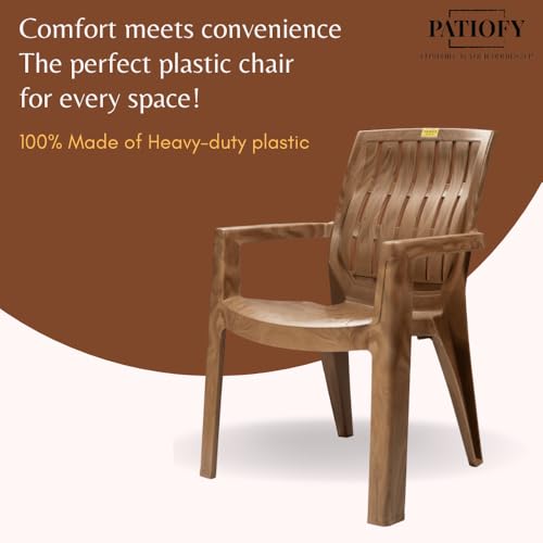 Image of Patiofy Plastic Chair for Home & Outdoor Use | Heavy Duty Comfortable Chair with Strong Legs | Stackable, Easy to Clean | Suitable for Living Room, Balcony, Patio Pack of 1 (Spino Sandalwood)
