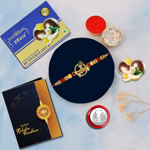 Image of DeoDap Round Shape Shri Krishna Thread Rakhi with Chocolate, Silver Pooja Coin, Tilak Set, Greeting Card - Rakhi Gift for Brother