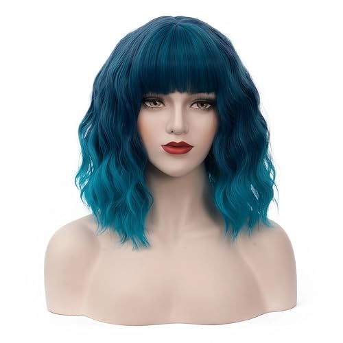BUFASHION 14" Women Short Wavy Curly Wig Ombre Blue Bob Wig Cosplay Halloween Synthetic Wigs with Side Bang wig (Ombre Blue)