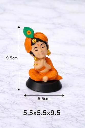 Image of Bal Krishna Idol for Car Dashboard | Premium Laddu Gopal Figurine for Home, Office & Car Decor | Baby Krishna Murti | Hindu God Statue | Spiritual Gift & Decorative Idol | Krishan Close Eye | Orange