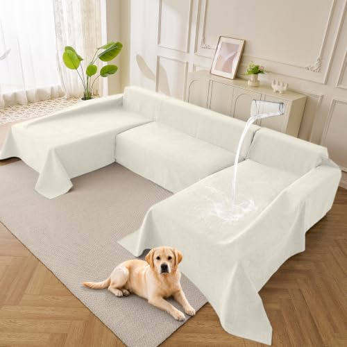 Deep Dream Sectional Couch Covers U Shape, 3 Pieces Waterproof Sofa Cover for Sectional Sofa, Non Slip U Shaped Couch Cover with Chaise Lounge for Dogs Pets, White (2PCS 110"x63" + 1PCS 90"x71")