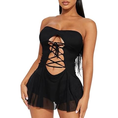 MEALIYA Women’s Sexy Strapless Mini Dress Low Cut Mesh Patchwork Hollow Out Bandage Off Shoulder Party Club Dresses Black Cover