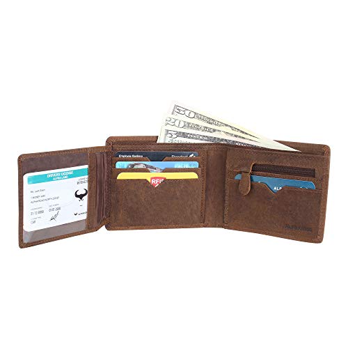 Men’s RFID Blocking Wallet - Classic Bifold Design - Zipper Coin Pocket - Genuine Hunter Leather (Brown)2