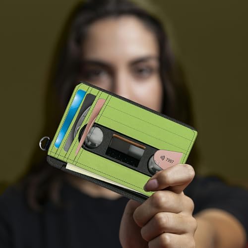 Image of Small Travel Wallets, Green Tape Cassette Slim Minimalist Front Pocket Wallet with Wristlet, RFID Blocking PU Leather Credit Card Holder with ID Window Change Purse for Men Women