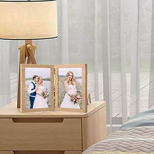 Wood Picture Frame Double 4''x 6'' Inch Hinged Picture Frame Desktop Photo Frame with Glass Front Dual Frame (Yellow)