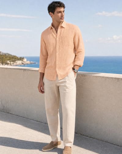 Image of Nobero Breezy Premium Linen Cotton Shirt for Men | Stylish Casual Shirts for Men | Semi Cut Collar | Box Pleat | Curved Hem | Regular Fit | Full Sleeve | S-XXXL