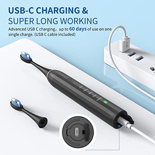 Beben Sonic Electric Toothbrush, Ipx7 Toothbrush Electric With Long Battery Toothbrush Life For 60 Days, Rechargeable Electronic Toothbrush Set With 5 Tooth Brush Heads-Black #TOP4