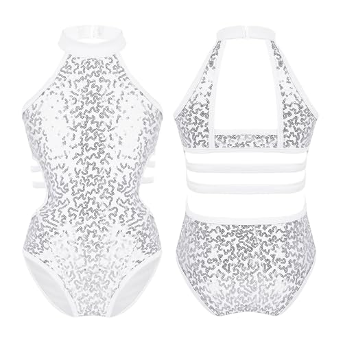 Maillot NiñA Mallas de gimnasia for niñas, con lentejuelas brillantes, ropa de baile, sin mangas, con recortes en la espalda, con tiras en la cintura, mono de baile de ballet for niñas(White,4)