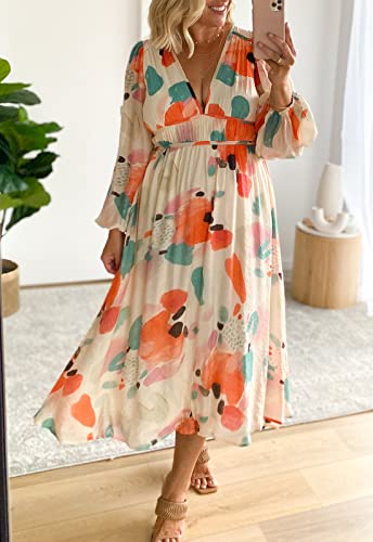 Image of Maxigerui Women's Long Sleeve Floral Maxi Dress 2026 Spring Summer Wedding Guest Dress Red Watercolor S