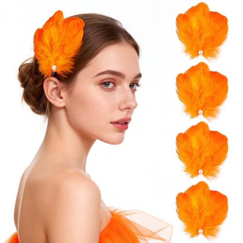MWOOT 4 Pcs Feather Hair Clips for Carnival Costume Orange Feather Headpiece Hair Accessories for Women Pearl Hairpins for Bride Wedding Cosplay Party