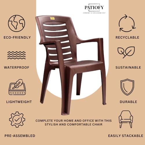 Image of Patiofy Plastic Chair for Home & Outdoor Use | Heavy Duty Comfortable Chair with Strong Legs | Stackable, Easy to Clean | Suitable for Living Room, Balcony, Patio Pack of 4 (Maxim Brown)