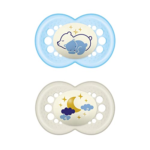 MAM Original Night Chupete Luminoso en Juego de 2 unidades, Silicona SkinSoft con funda porta chupete, 16+ meses, Azul