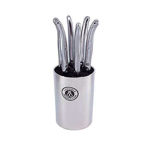 Laguiole Production - Cuchillos para filetes Block 6 - Con bloque de almacenamiento de madera - Acero inoxidable - Mango ergonómico - Juego de cuchillos de mesa de diseño plateado