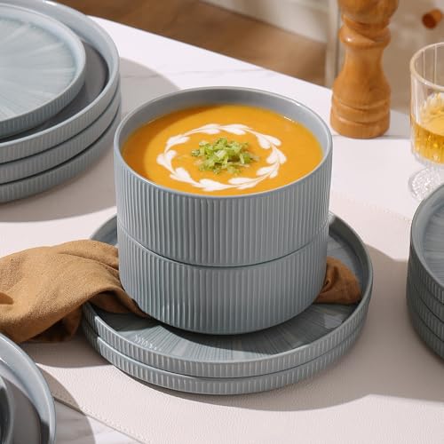 Image of Dinnerware Sets, Ceramic Plates and Bowls Set 18 Piece Dinnerware for 6 Chip Resistant Stoneware with Advanced Inkjet Printing Technology, Dishwasher and Microwave Safe-Smoky Blue
