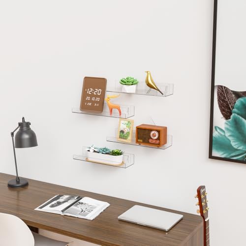 Image of Yieach Acrylic Shelves for Wall Storage No Drilling Self Adhesive Shelves Transparent Stick On Bathroom Wall Shelf Organizer Floating Plastic Shelves for Perfume Funko Lego