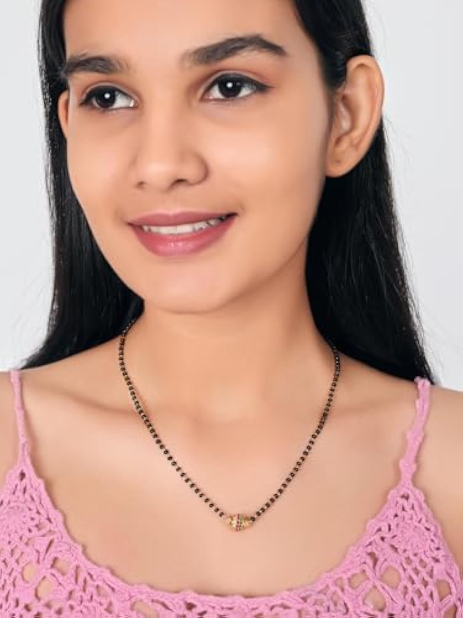Ruby Diamond Pendant with Black Beads Chain Short Mangalsutra