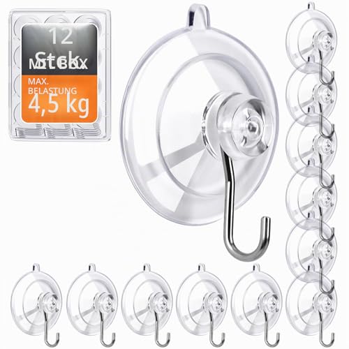 KORCCI Saugnapf-Haken robust transparent wiederverwendbar und abnehmbar 4 5 kg starker Halt mit Edelstahl-Haken für Badezimmer Dusche Fenster Küche Fliesen 12 Stück