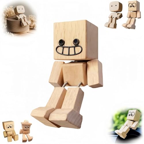 lilaBelle 2025 Shaking Wooden Man Figurine, Handmade Shaking Feet Wooden Doll, Funny Wood Desktop Decor with 12 Expressions, for Drivers, Friends, Office (02)