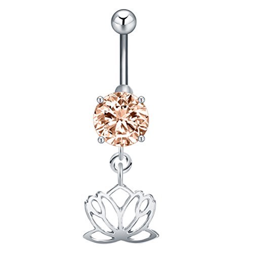 Youngman Lotus Cubic Zirconia Dangle Ball Navel Ring Belly Ring Body Piercing (Silver)