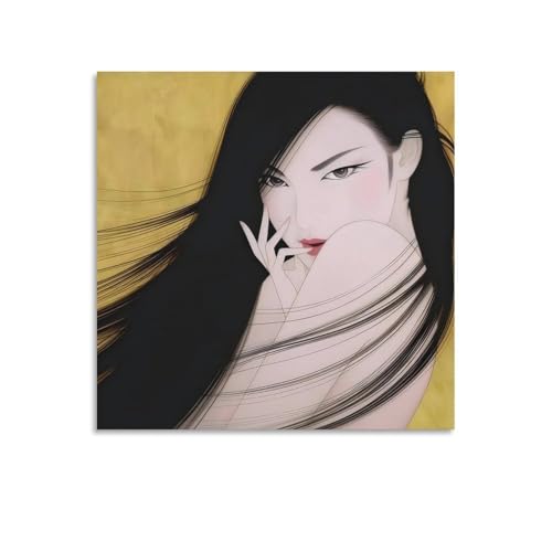 鶴田一郎の美人画 浮世絵 作品 ビビッドイエロー ポスター1 ホーム装飾 アートパネル 壁アート 現代壁掛け 絵画 版画 芸術作品 インテリア20x20inch(50x50cm)