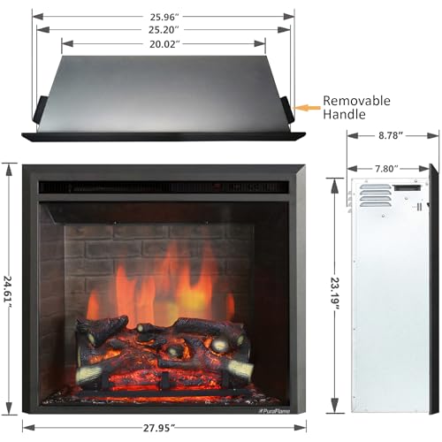 Image of PuraFlame Western Electric Fireplace Insert with Fire Crackling Sound, Remote Control, 750 /1500W, Black, 25 63 /64 Inches Wide, 23 3 /16 Inches High