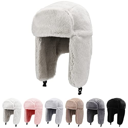 Peicees Winter Hats for Men Womens Fur Hats Russian Ushanka Trapper Hat with Ear Flaps Warmer for Adult Beige
