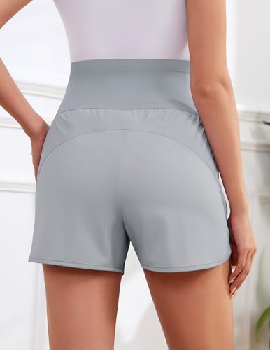 Image of PACBREEZE Women's Maternity Shorts Over Belly Quick Dry Workout Athletic Running Shorts with Zipper Pockets
