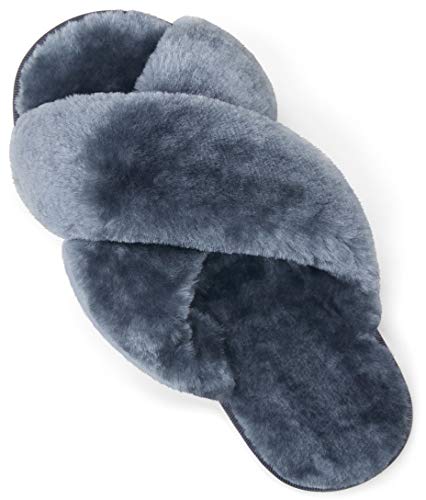 VEPOSE Women's Grey Cross Band Slippers Soft Plush Furry Open Toe Fur Slides Fuzzy Fluffy Slip on House Shoes Indoor Outdoor Slippers for Women Size 8 and Size 8.5 and Size 9(CJY801 Grey 08&09)