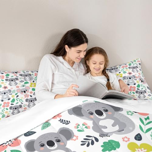 Image of Feelyou Cute Koala Bear Comforter Set Queen Size, Cartoon Koala Comforter Botanical Leaves and Flowers Comforter Set for Kids Kawaii Animals Duvet Set Microfiber Quilt Set