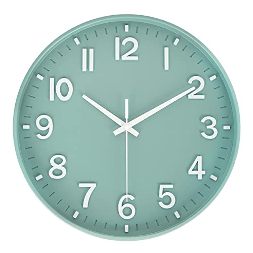 HZDHCLH Modern Quartz Wall Clocks Battery Operated,12 inch Silent Non Ticking 3D Numbers Round Clock for Wall, Green Wall Clock for Kitchen Bedroom Living Room Office Classroom Decor
