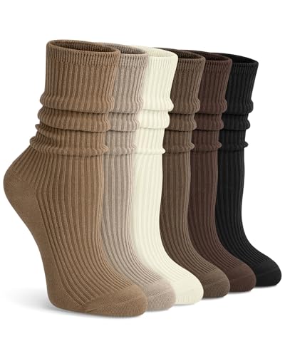 Image of YSense Women's Cotton Crew Socks 6 Pairs, Long Cute Aesthetic Neutral Athletic Boot Socks for Women Stocking Stuffers Gifts