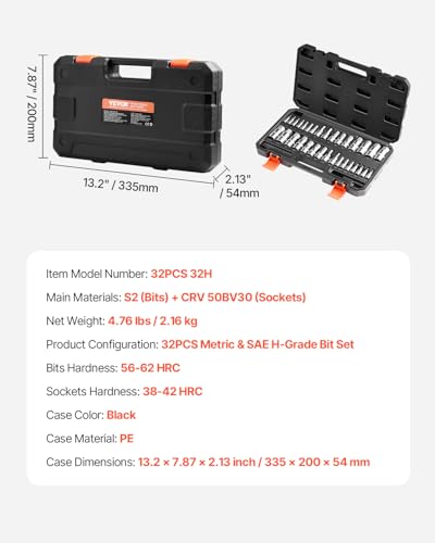 Image of VEVOR Hex Bit Socket Set, 32-Piece, S2 Alloy Steel and Cr-V Steel, Standard SAE and Metric, 1 /4 in, 3 /8 in, and 1 /2 in Drives, with Enhanced Storage Case, Allen Socket Set for Mechanics, Auto Repair