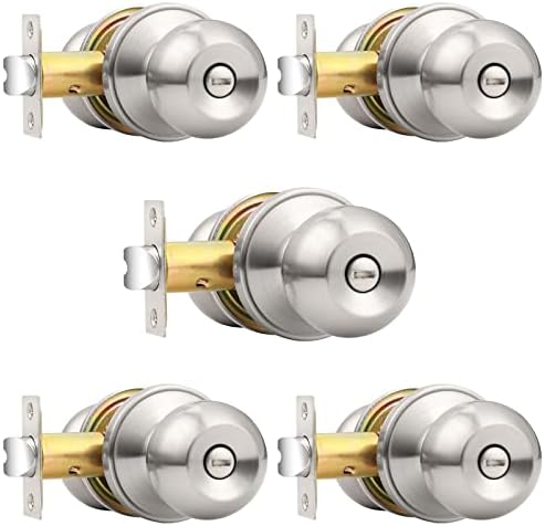 Probrico Brushed Nickel Doorknob, Round Ball Privacy Knobs, Interior Keyless Door Locksets for Bed and Bath, 5 Pack