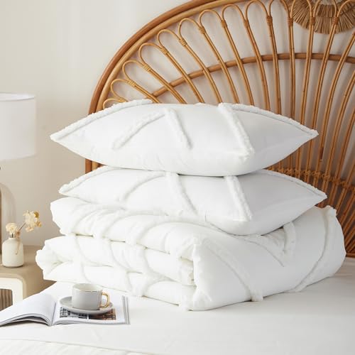 Image of Cupocupa Queen Comforter Set Ivory Tufted Comforters Sets Bedding for Queen Bed 3PCS Boho Comforter Soft Fluffy Lightweight Comforter with 2 Pillow Cases for All Season