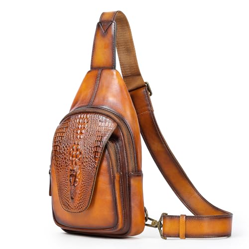 NIUCUNZH Genuine Leather Sling Bag Crocodile Flap Crossbody Purse Cross Shoulder Body Bags for Travel Everyday Carry Brown