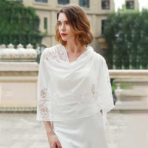 Image of SANNIDHI Lace Scarf Shawl with Tassel, Sheer Soft Mesh Fringe Wraps White Floral Long Shawl for Female Evening Party Dresses (180x65cm)