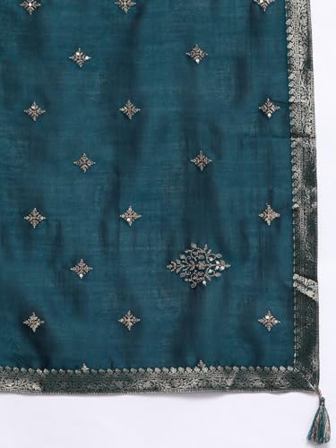 Image of Libas Womens Embellished Silk Blend Straight Kurta With Palazzos and Dupatta