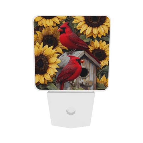 Image of Sunflowers Red Birds Night Light Set of 2, Auto Sensor LED Dusk-to-Dawn Nightlights, Plug-in Sensor Lamp for Bedroom Bathroom Kitchen Hallway Stairs Decorative