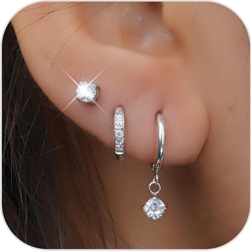 3 Pairs Stainless Steel Silver Hoop Earrings Set Hypoallergenic Stud Earrings Dangle Cartilage Huggie Hoop Earrings for Women Fashion Jewelry for Women Gift