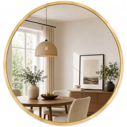 edihome, Espejo Redondo de Pared, Dorado 60 cm - Marco de Metal, Decorativo y Colgante, para Baño, Entrada, Recibidor, Pasillo, Dormitorio y Salón