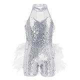 JEATHA Kids Girls Sleeveless Mock Neck Shiny Sequins Mesh Splice Leotard Ballet Jazz Latin Dance Costumes White 8-10