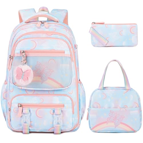 3PCS Rainbow Butterfly Girls Backpacks with Lunch Bag & Pencil Pouch