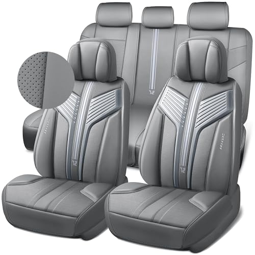 Image of CAR PASS Nappa Leather Seat Covers, Breathable Waterproof Car Seat Covers Full Set, Luxury Leather Front and Back Seats Full Coverage, Universal Fit SUV Pick-up Truck Sedan Automotive(Gray)