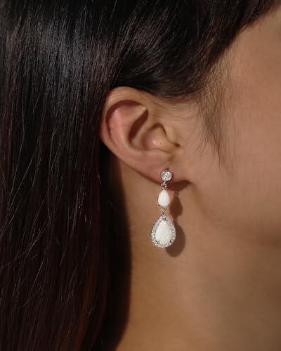 FANCIME October Birthstone Earrings Created Opal Dangle Earrings Sterling Silver 2 Stones White Fire Opal Halo Cubic Zirconia Long Teardrop Earrings for Women2