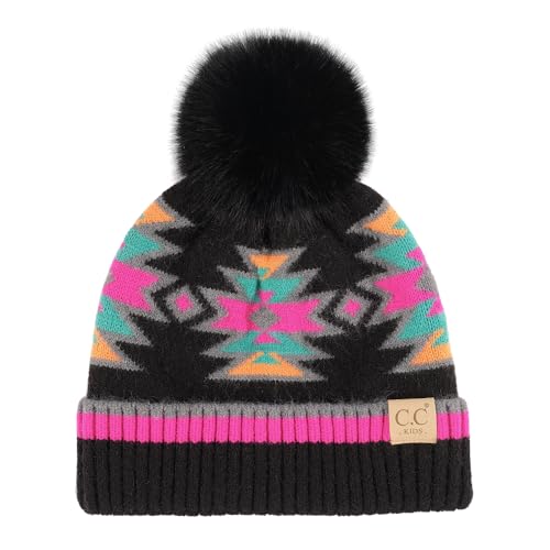 C.C Kids Southwest Pattern Fur Pom Beanie for Boys Girls - Comfortable Soft Warm Children Youth Knit Skully Hat with Faux Pom